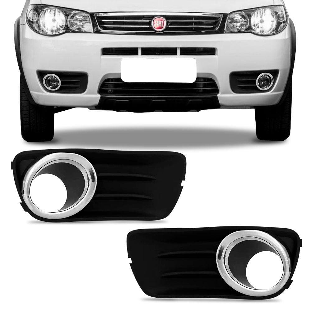 Par Grade Moldura Farol de Milha Palio Way Economy 2014 a 2017 com Furo Preto Aro Cromado