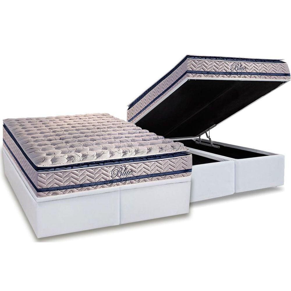 Cama Box Baú Queen: Colchão Molas Paropas MasterPocket Ensacadas Blue + Base CRC Courano White(158x198)