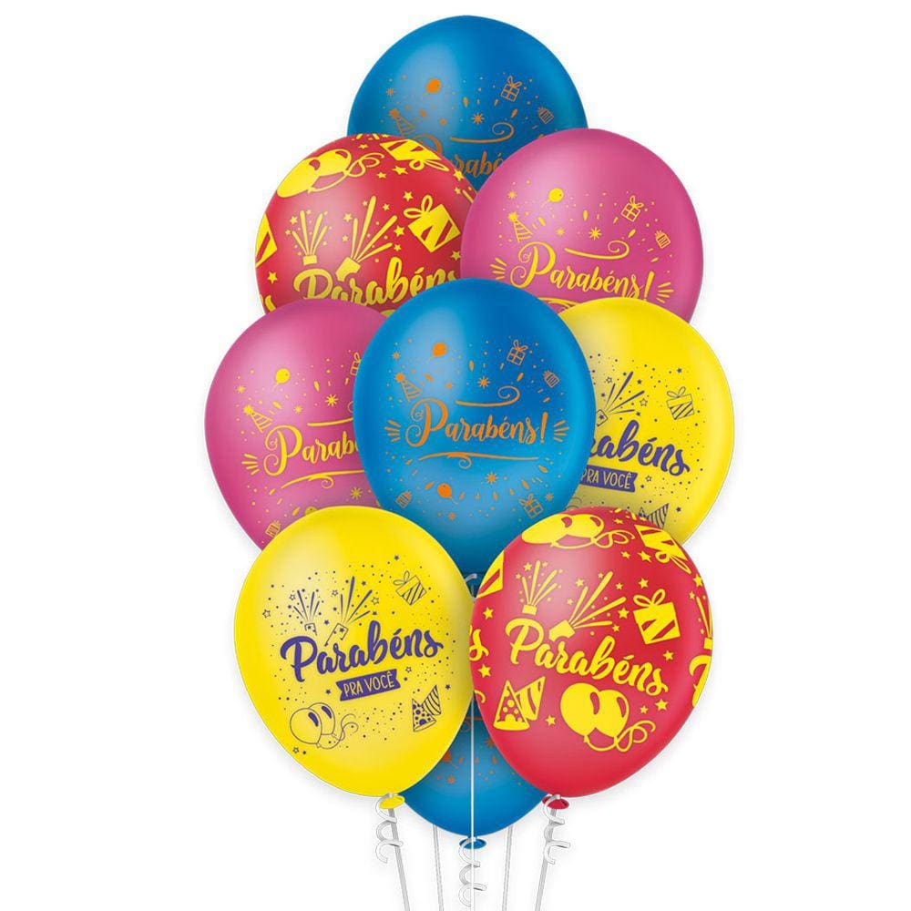 Balão Estampado Parabéns Colorido - 9 Polegadas - 25 Un