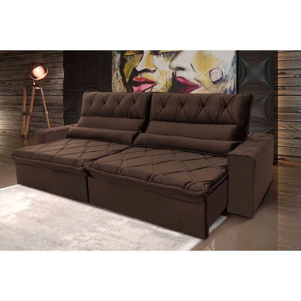 Sofá Retrátil Reclinável França 2,50m Suede Velut Marrom c/ Molas no Assento - King House