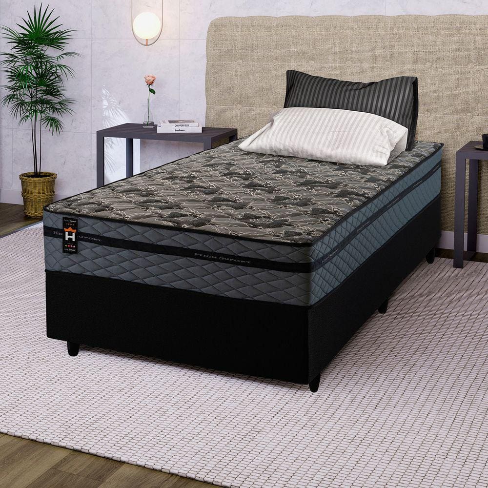 Conjunto Cama Box c/ Molas Ensacadas Montreal Cinza Solteiro 96x203x64