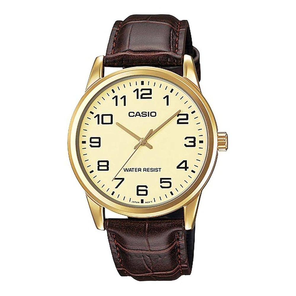 Relógio de Pulso Masculino Marca Casio Casual Analógico Redondo Pulseira de Couro Dourado Preto Branco MTP-V001GL