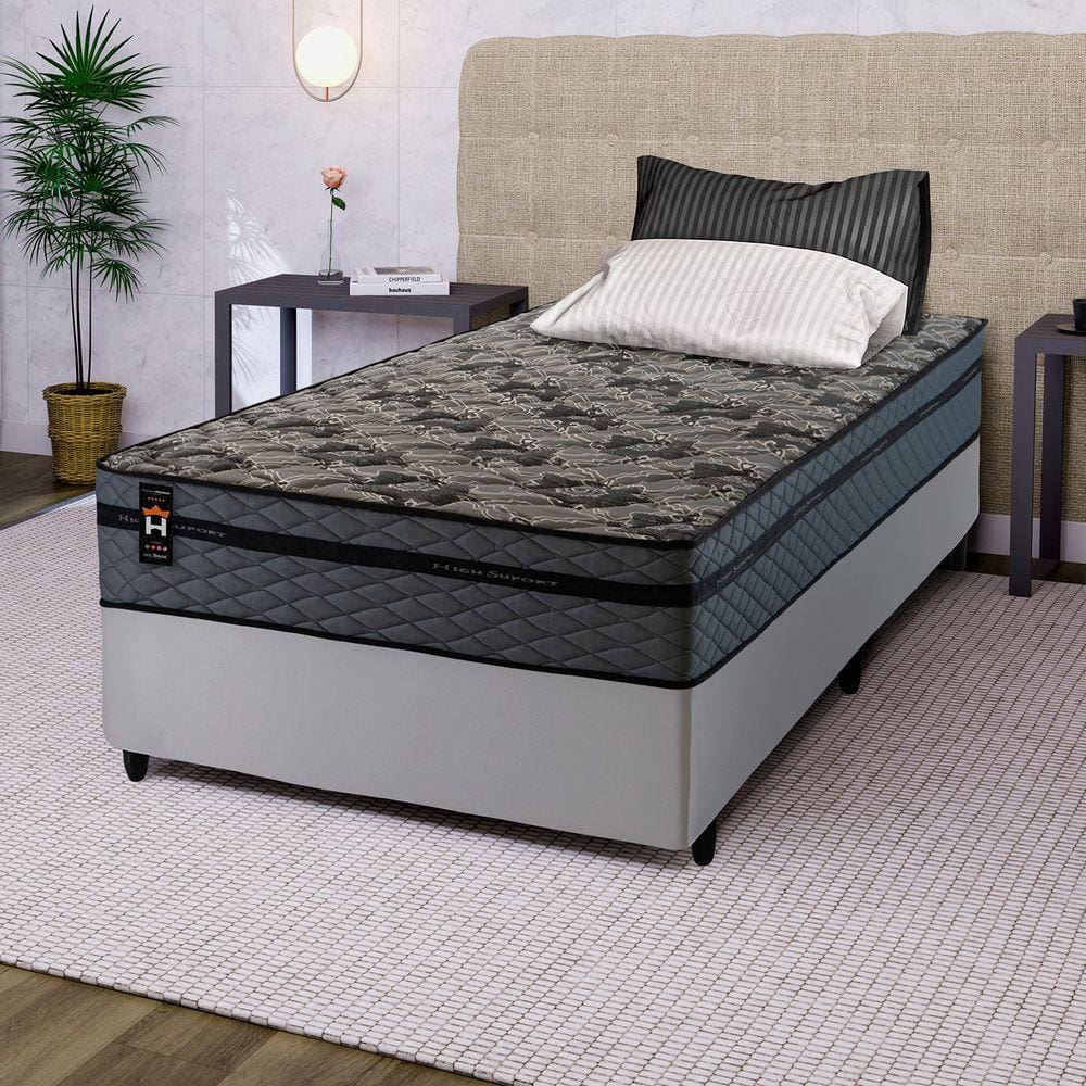 Conjunto Cama Box c/ Molas Ensacadas Montreal Cinza Solteiro 96x203x64