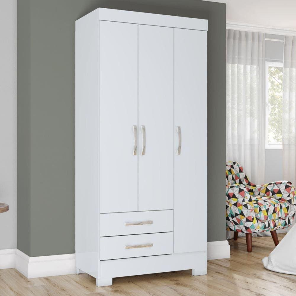 Guarda Roupa Solteiro 3 Portas 2 Gavetas Sensi Briz Branco/Branco/Rosa Chá