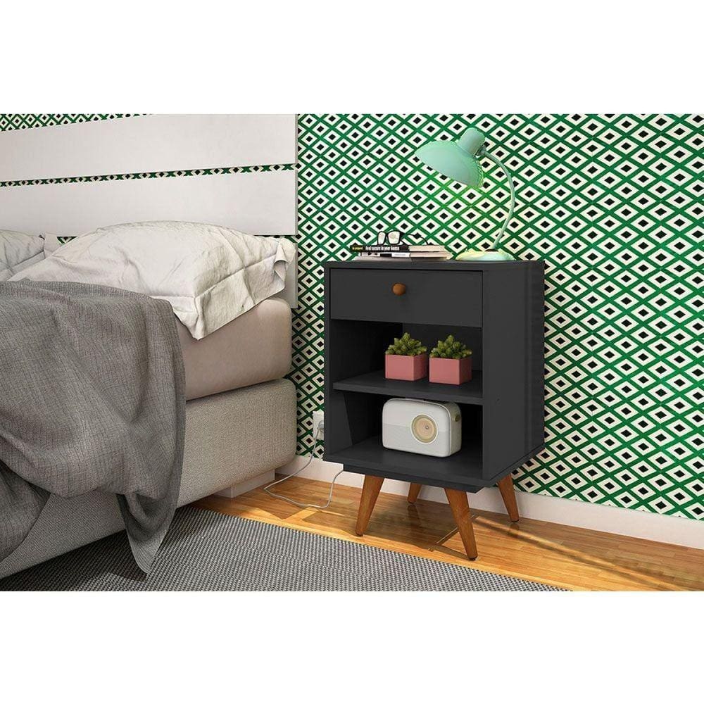 Mesa de Cabeceira 1 Gaveta 1 Prateleira Retrô Plus Olivar Preto