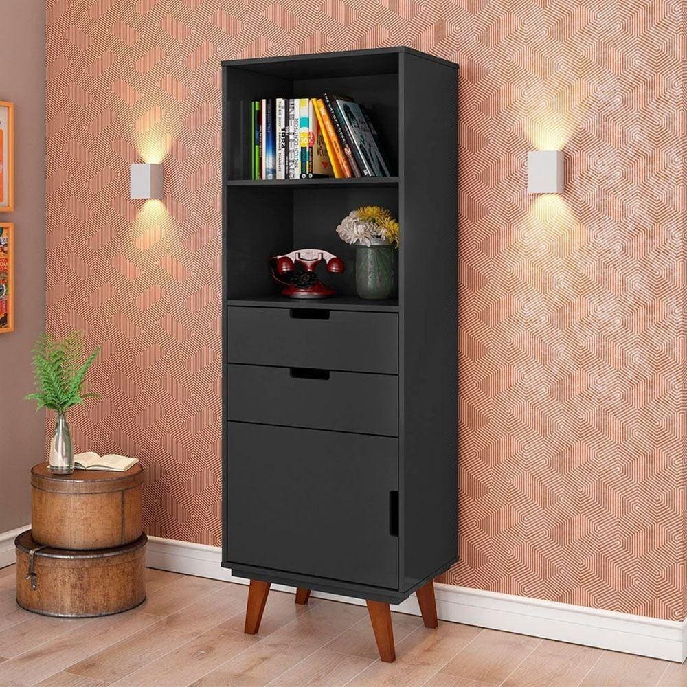 Estante para Livros 1 Porta 2 Gavetas Paris Retrô Olivar Preto