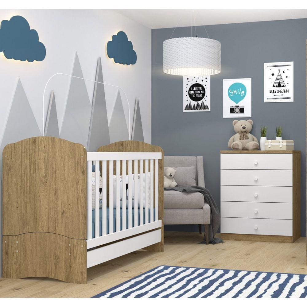 Quarto de Bebê Completo com Berço Mini Cama e Cômoda Lápis de Cor Espresso Móveis Rústico/Branco