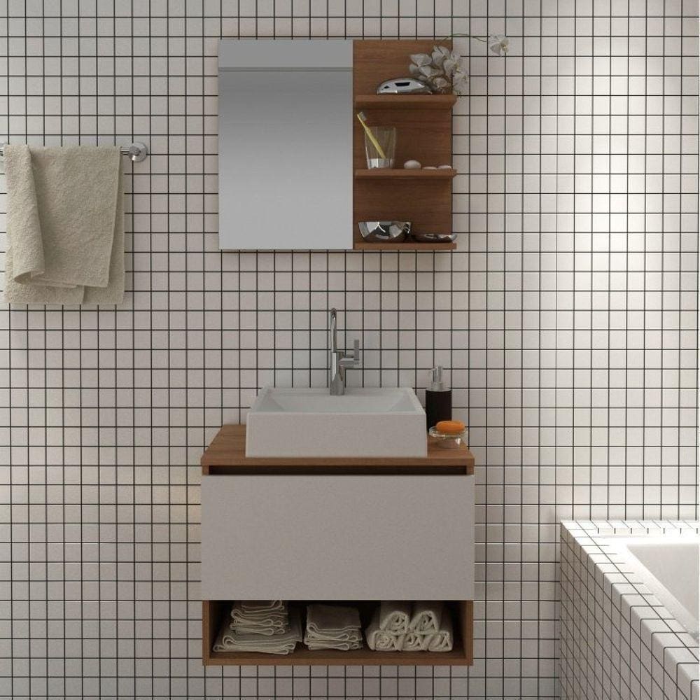 Conjunto para Banheiro 2 Peças 1 Gabinete 1 Porta 1 Espelheira 3 Prateleiras BN3608 Tecno Mobili Amêndoa/Branco