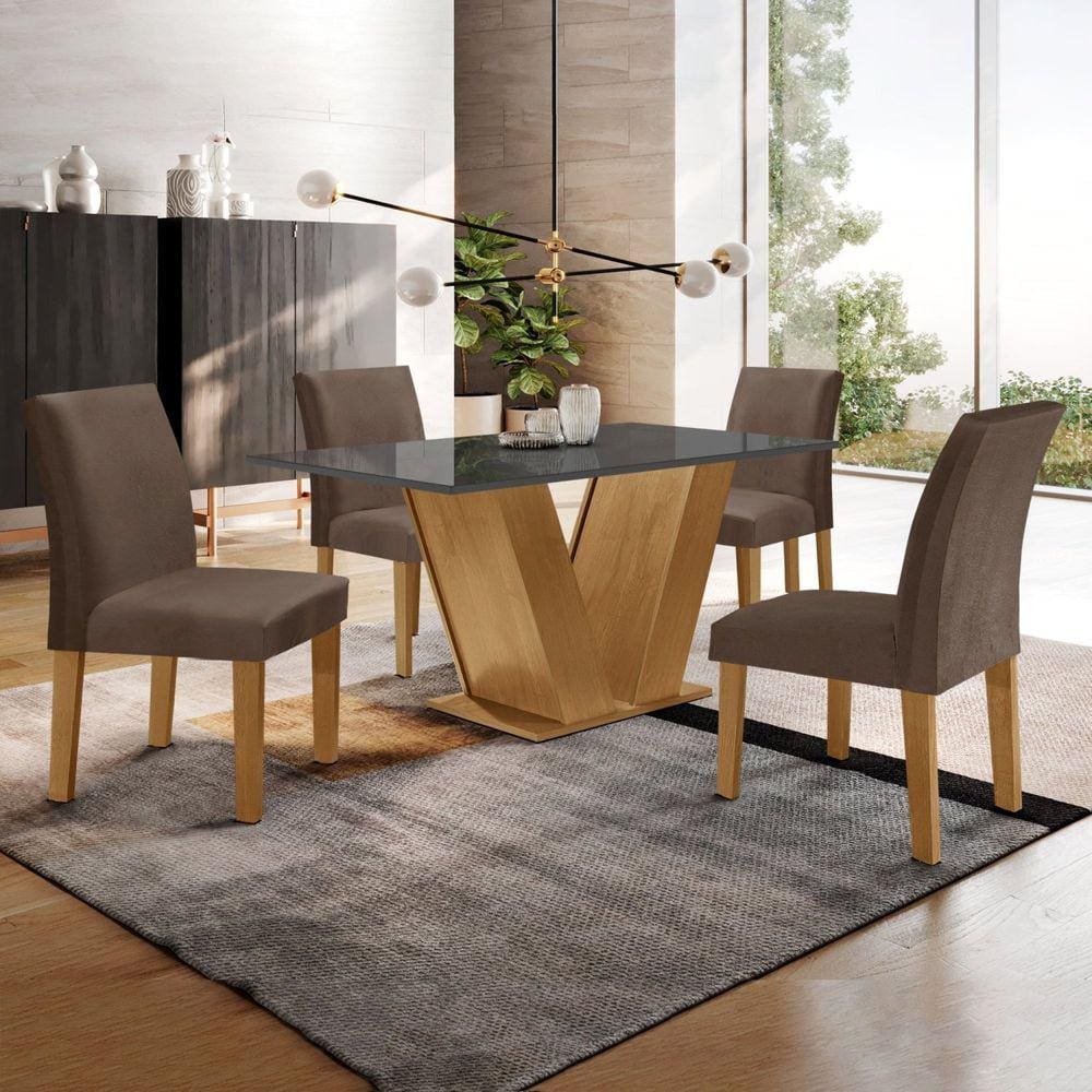 Conjunto Sala de Jantar Mesa 120x80cm Tampo MDF/Vidro com 4 Cadeiras Espanha Yescasa Ypê/Grafite/Marrom