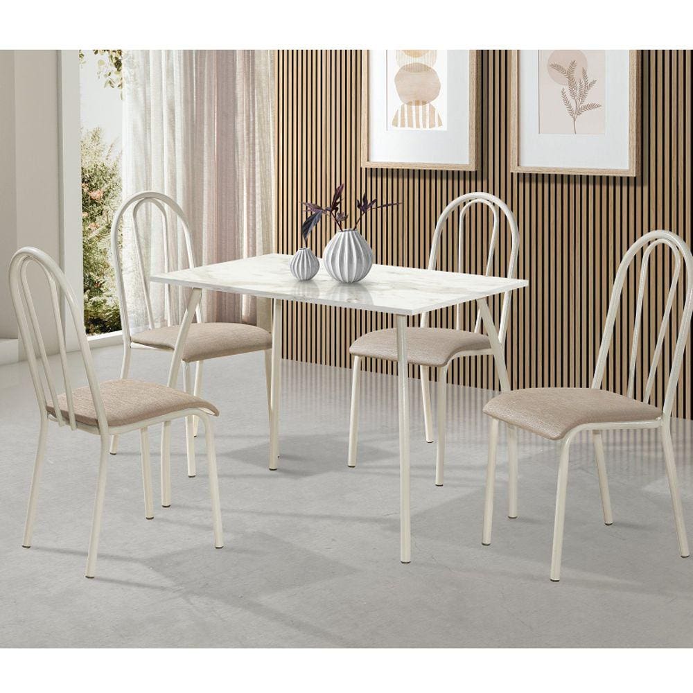Conjunto Sala de Jantar Mesa 100x60cm com 4 Cadeiras Flora Aço Nobre Móveis Bege/Off White