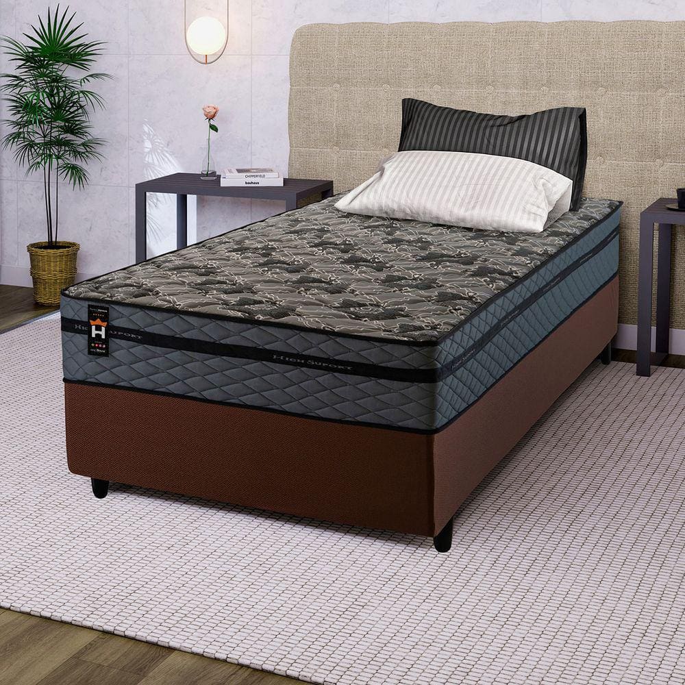 Conjunto Cama Box c/ Molas Ensacadas Montreal Cinza Solteiro 88x188x64