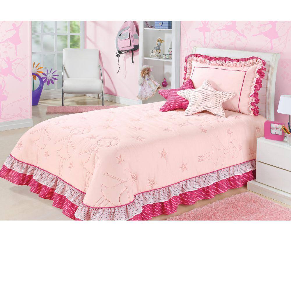 Cobre Leito Colcha Infantil Solteiro 4 Peças Juvenil Bordado Bailarina - Rosa