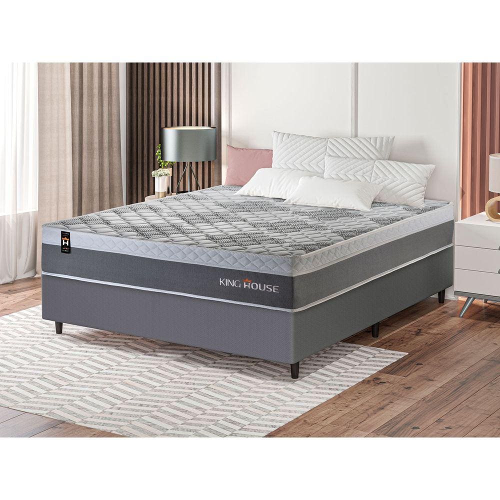 Conjunto Cama Box c/ Molas Ensacadas Sheffield Cinza Casal 138x188x65