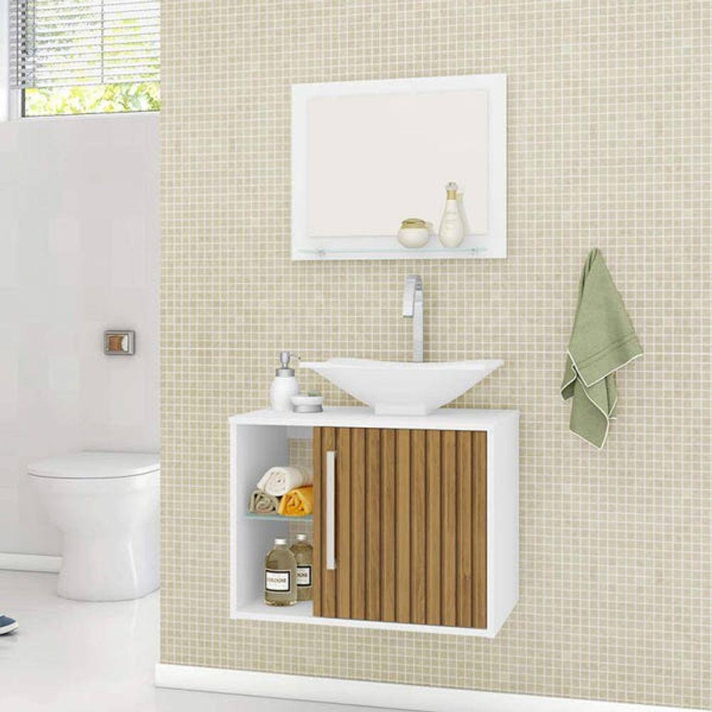 Gabinete para Banheiro com Cuba e Espelheira Baden Branco/ Ripado - Móveis Bechara