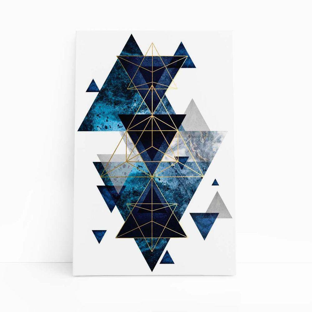 Quadro Canvas Triângulos Azul E Dourado Geométrico 60X40Cm