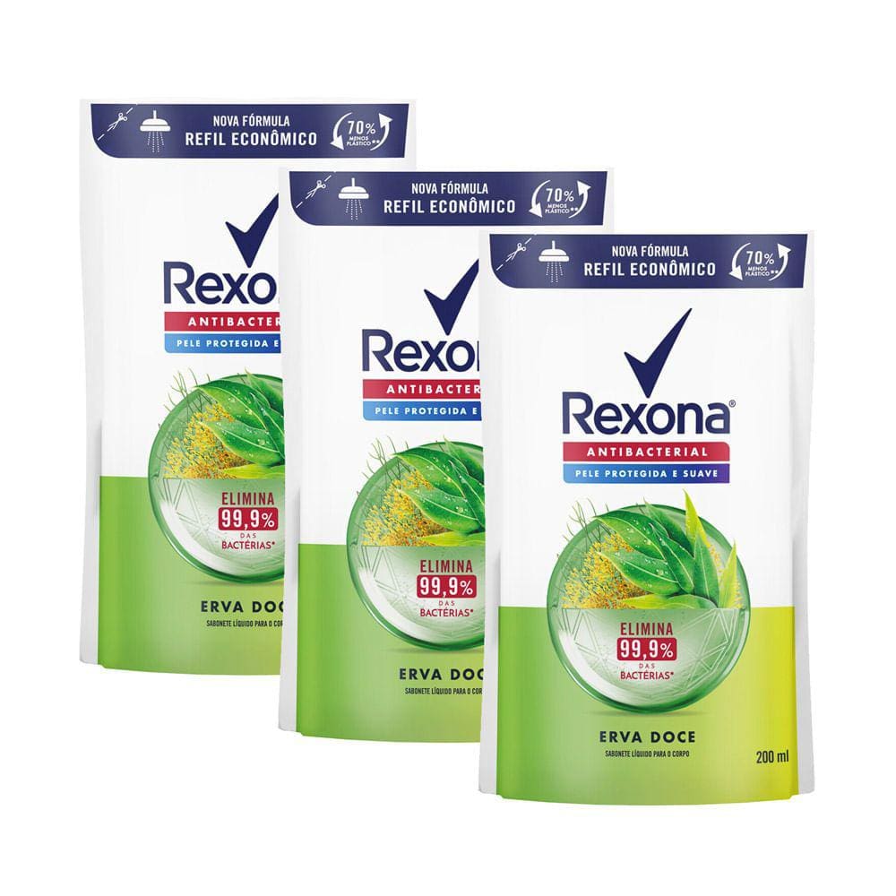Kit 3 Sabonete Líquido Rexona Antibacterial Erva-Doce Refil 200ml