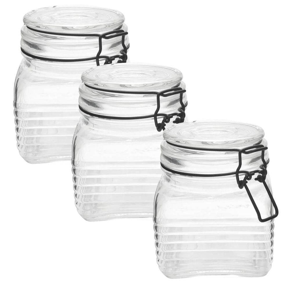 3 Potes De Vidro Hermético Quadrado Com Trava Preto 800Ml