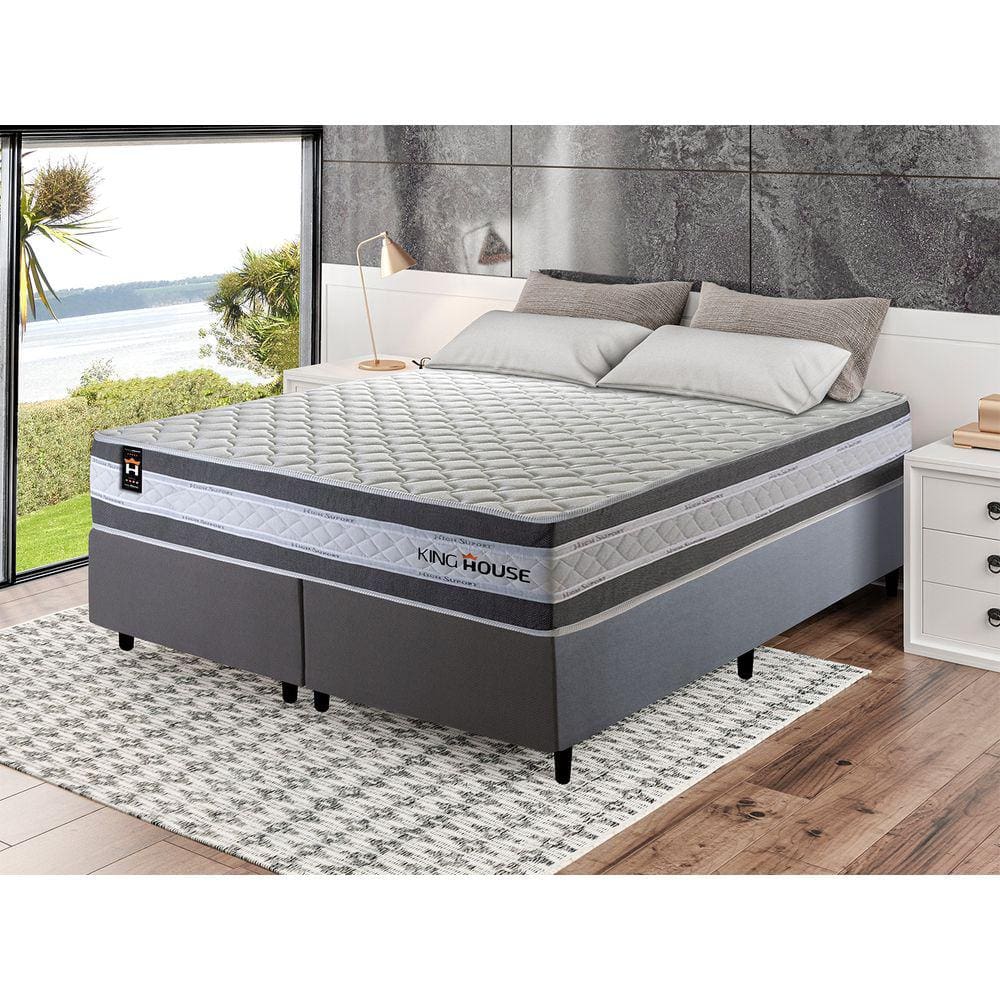 Conjunto Cama Box c/ Molas Ensacadas Alpine Cinza King 193x203x65
