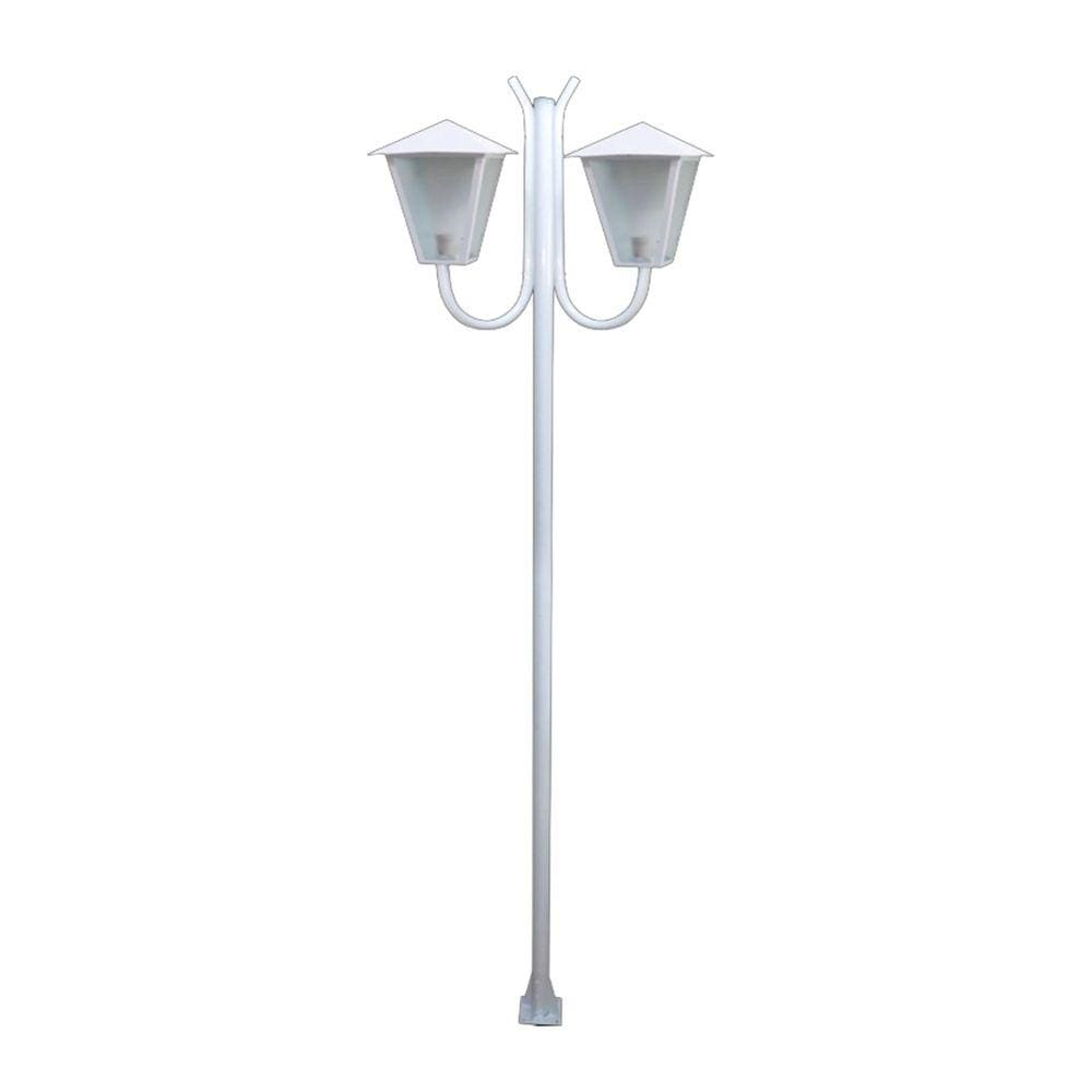 Poste Braço Curvo Luminária Romana Dupla Jardim Branco 300cm