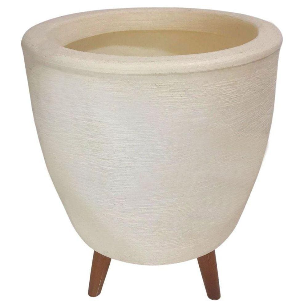 Vaso Bege Flores 20Cm Com Tripé De Madeira Plantas