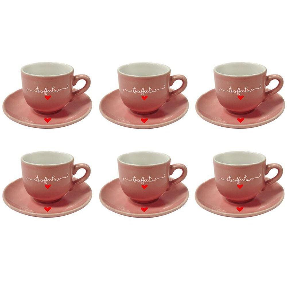 Jogo 6 Xícaras De Café Rosa Coração Porcelana Hauskraft 90Ml