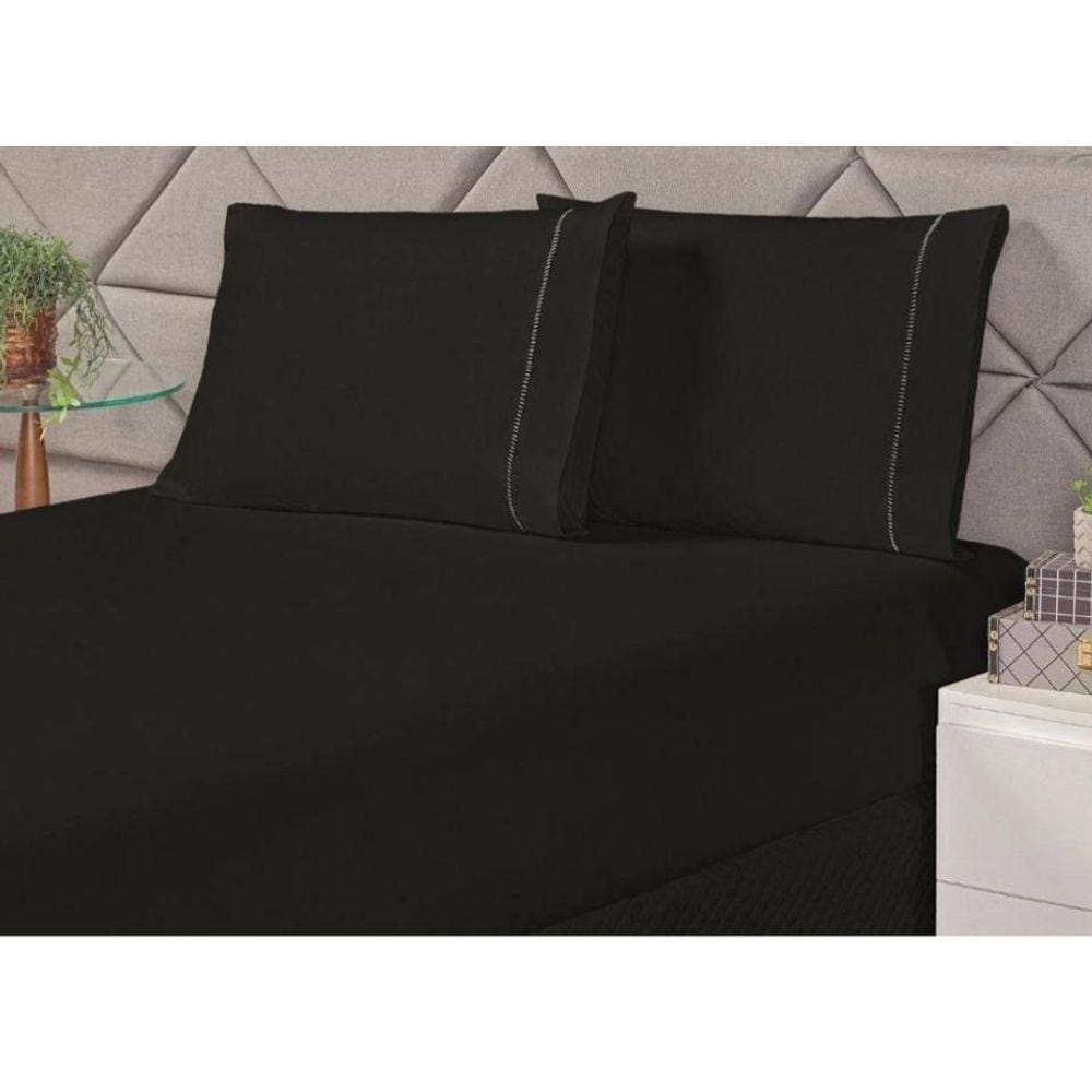 Lençol King Size 3 Un Liso C Elástico E Ponto Palito Preto