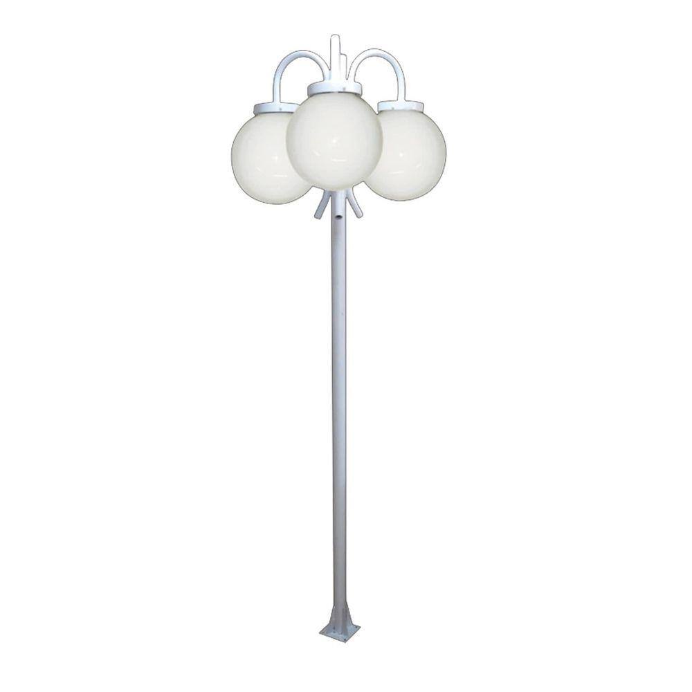 Poste Luminária Globo P Triplo Braço Curvo Baixo Branco 3mt