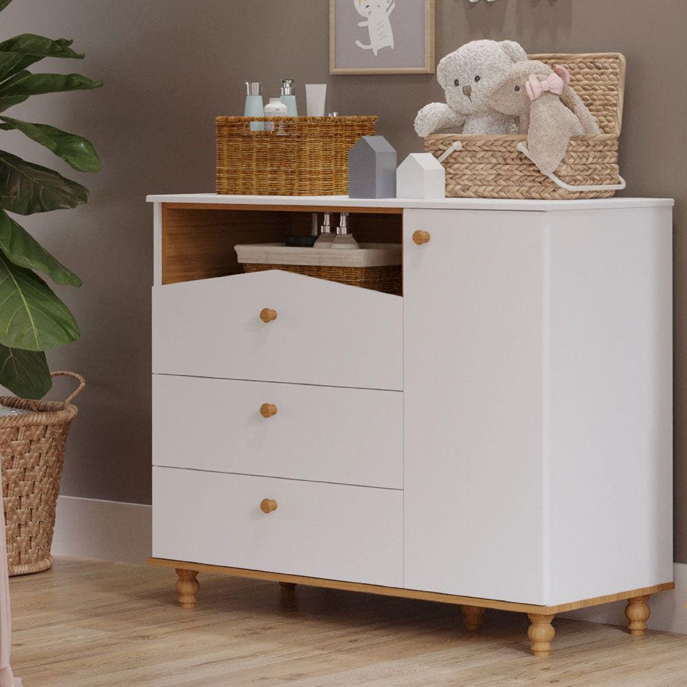 Cômoda Bebê 3 Gavetas 1 Porta Casinha Permóbili Baby Branco/Nature - 100% MDF