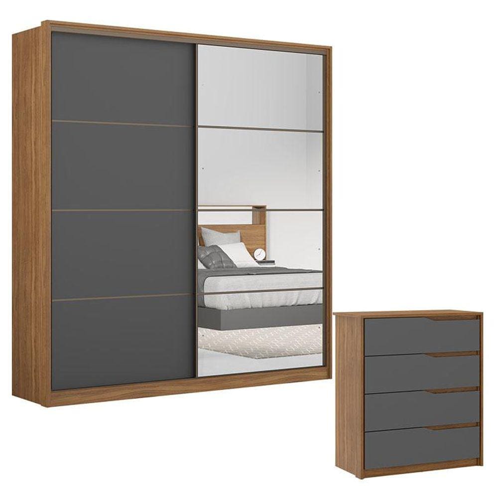 Cômoda Atria e Guarda Roupa Casal Belga 2 Portas 1 Porta em Espelho Amendola Grafito Flex - Demârtez