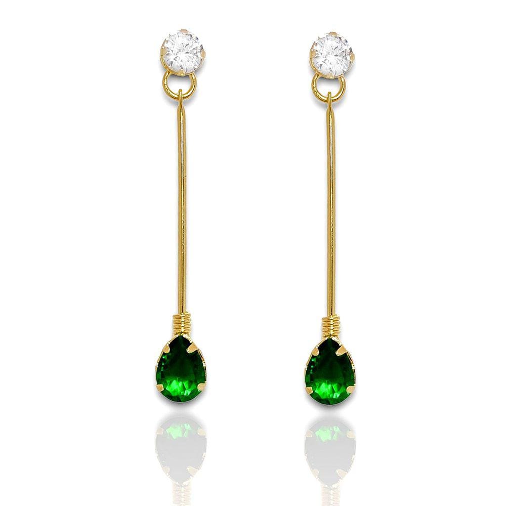 Brinco Comprido Zirconia e Pedra Verde Esmeralda Banhado Ouro 18k Semijoia