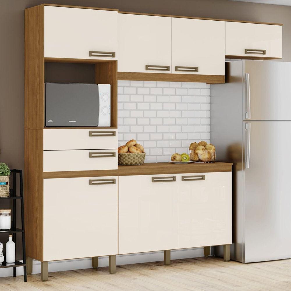 Cozinha Compacta 1 Balcão com Tampo 1 Armário Alto e 1 Armário Aéreo 2 Gavetas 7 Portas B107 Briz Marrom/Off White