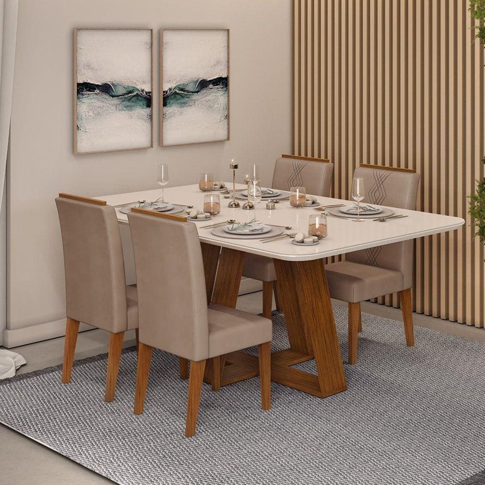 Conjunto Sala de Jantar Mesa Kiara 160x90cm Tampo Vidro/MDF com 4 Cadeiras Yasmin DJ Móveis Freijo/Off White/Veludo Kraft