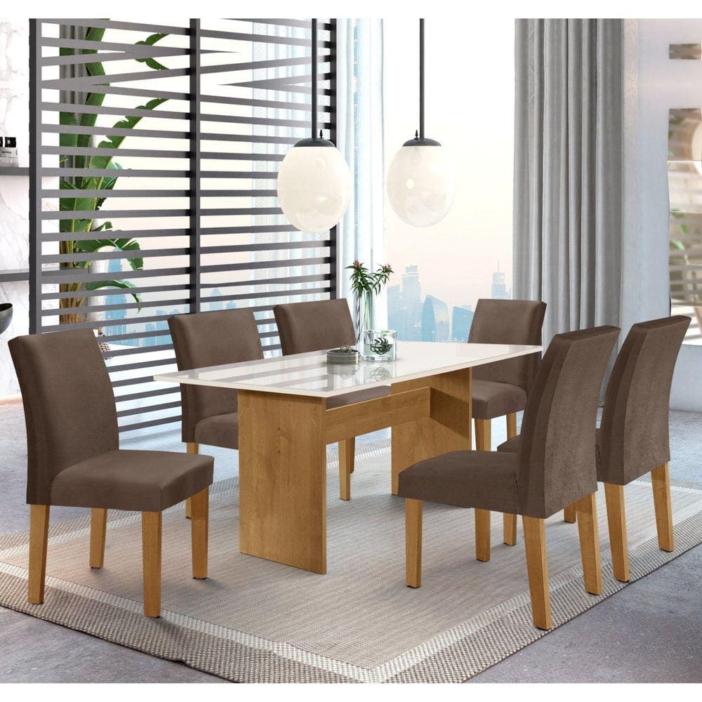 Conjunto Sala de Jantar Mesa 160x80cm Tampo MDF/Vidro com 6 Cadeiras Espanha Yescasa Ypê/Marrom