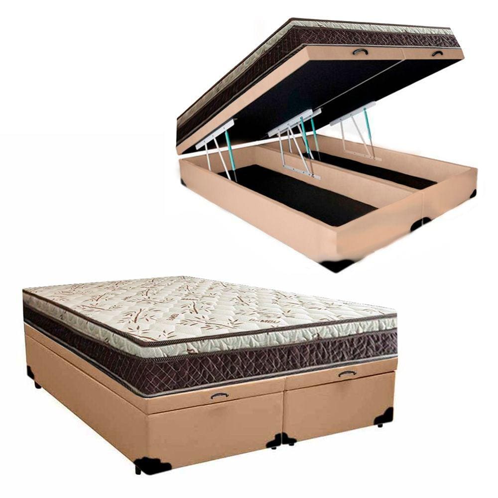 Cama Box Baú Bipartido Casal Sintético + Colchão Casal Espuma Extra Firme D33 Elegance Ortopédico 72x138x188