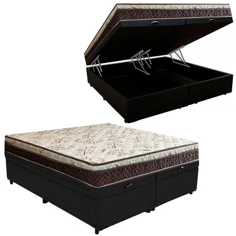 Cama Box Baú Bipartido Casal Suede + Colchão Casal Espuma Extra Firme D33 Elegance Ortopédico 72x138x188 Preto