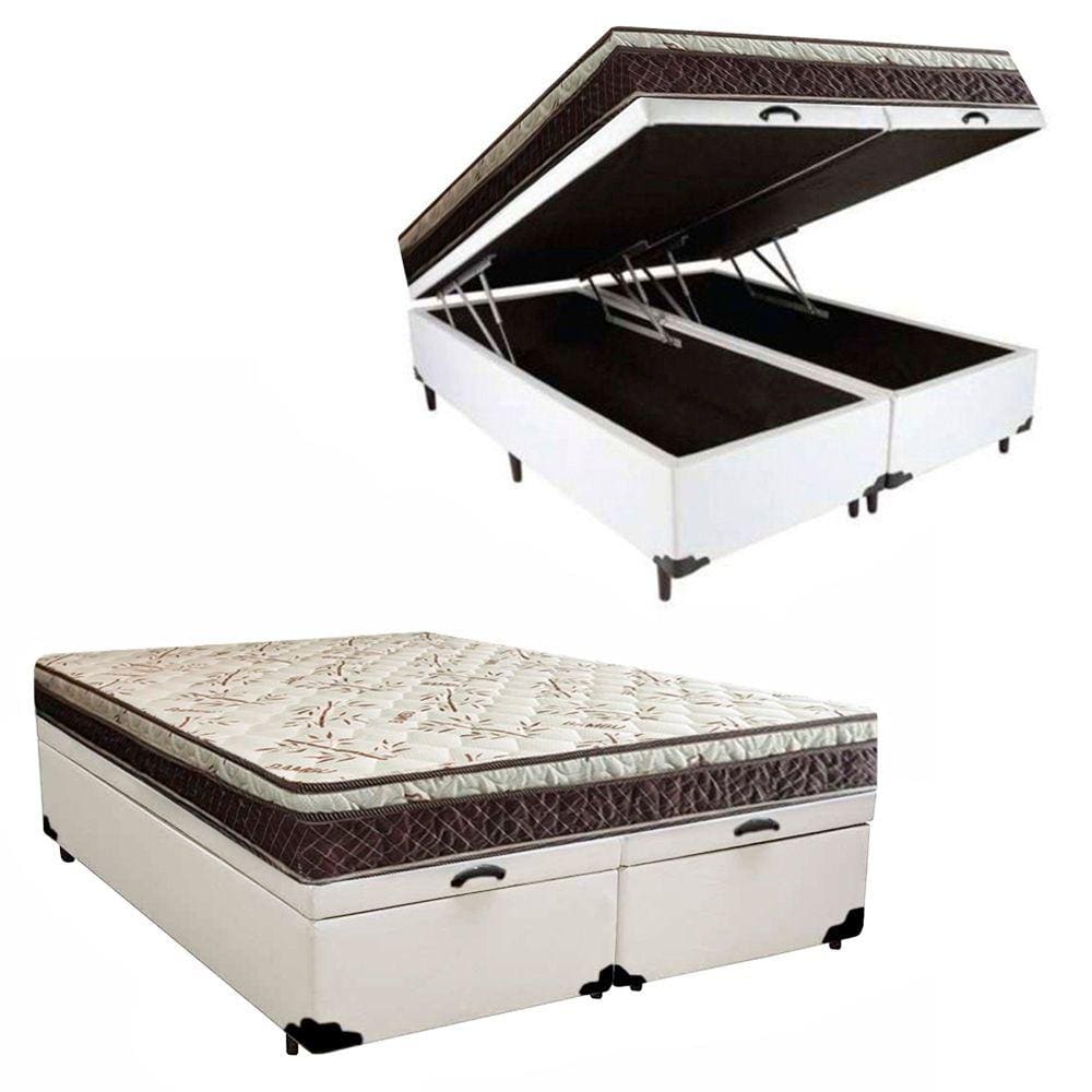 Cama Box Baú Bipartido Casal Corino + Colchão Casal Espuma Extra Firme D33 Elegance Ortopédico 64x138x188 Branco