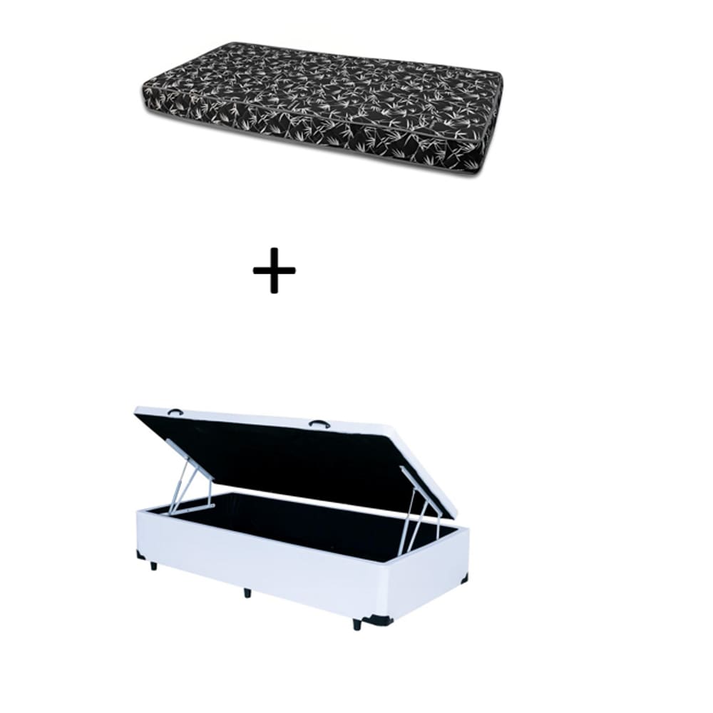 Cama Box Baú Solteiro 88 - Bello Box Tecido Sintético Branco com Colchão Solteiro 88 New York Preto D28 - 100% Espuma - 14x88x188