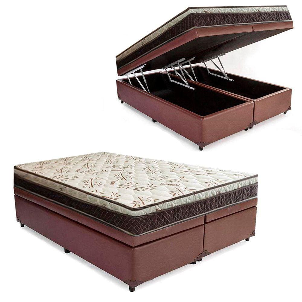 Cama Box Baú Bipartido Casal Blindado Corino+Colchão Casal Espuma ExtraFirme D33 EleganceOrtopédico 64x138x188 Marrom