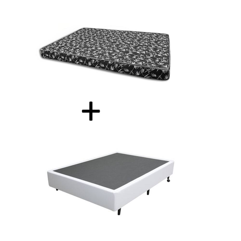 Cama Box Casal 138 Bello Box - Tecido Sintético Branco com Colchão New York Preto D28 - 100% Espuma - 14x138x188