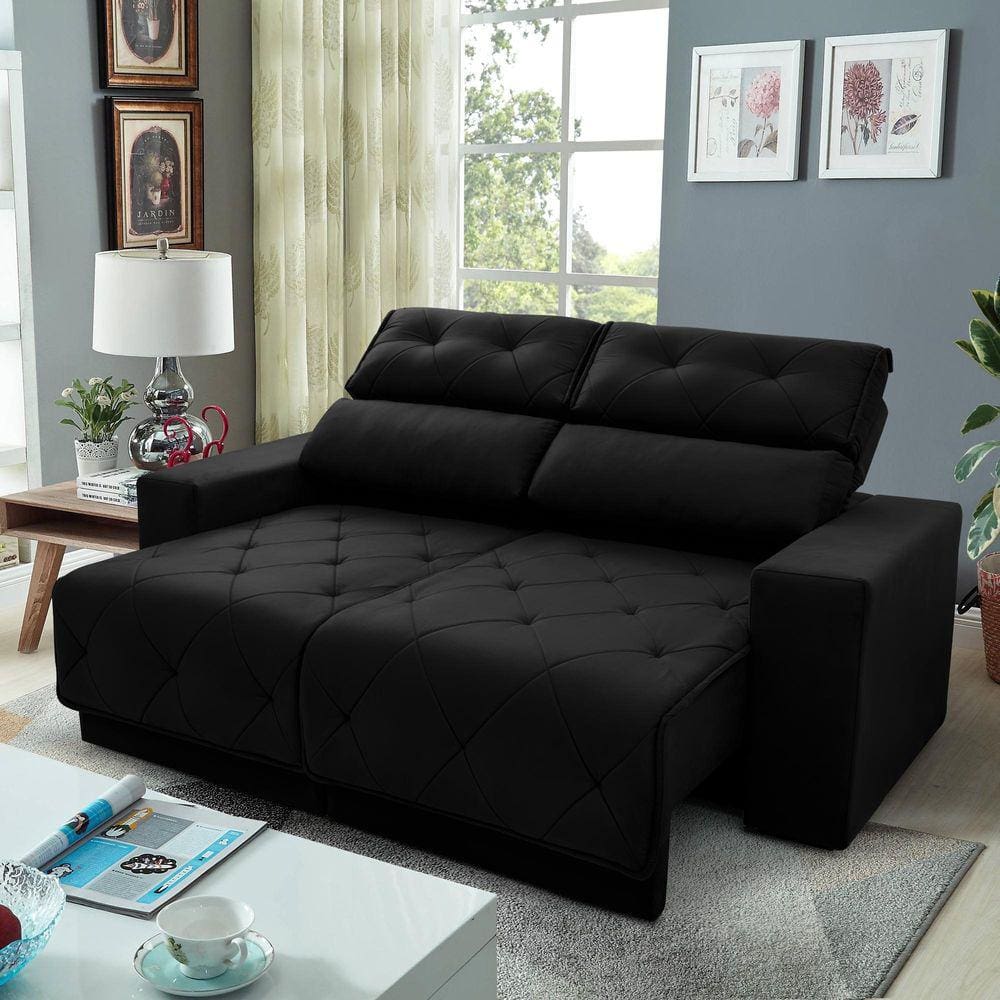 Sofá Retrátil Reclinável Belga 2,00m Suede Velut Preto c/ Molas no Assento - King House
