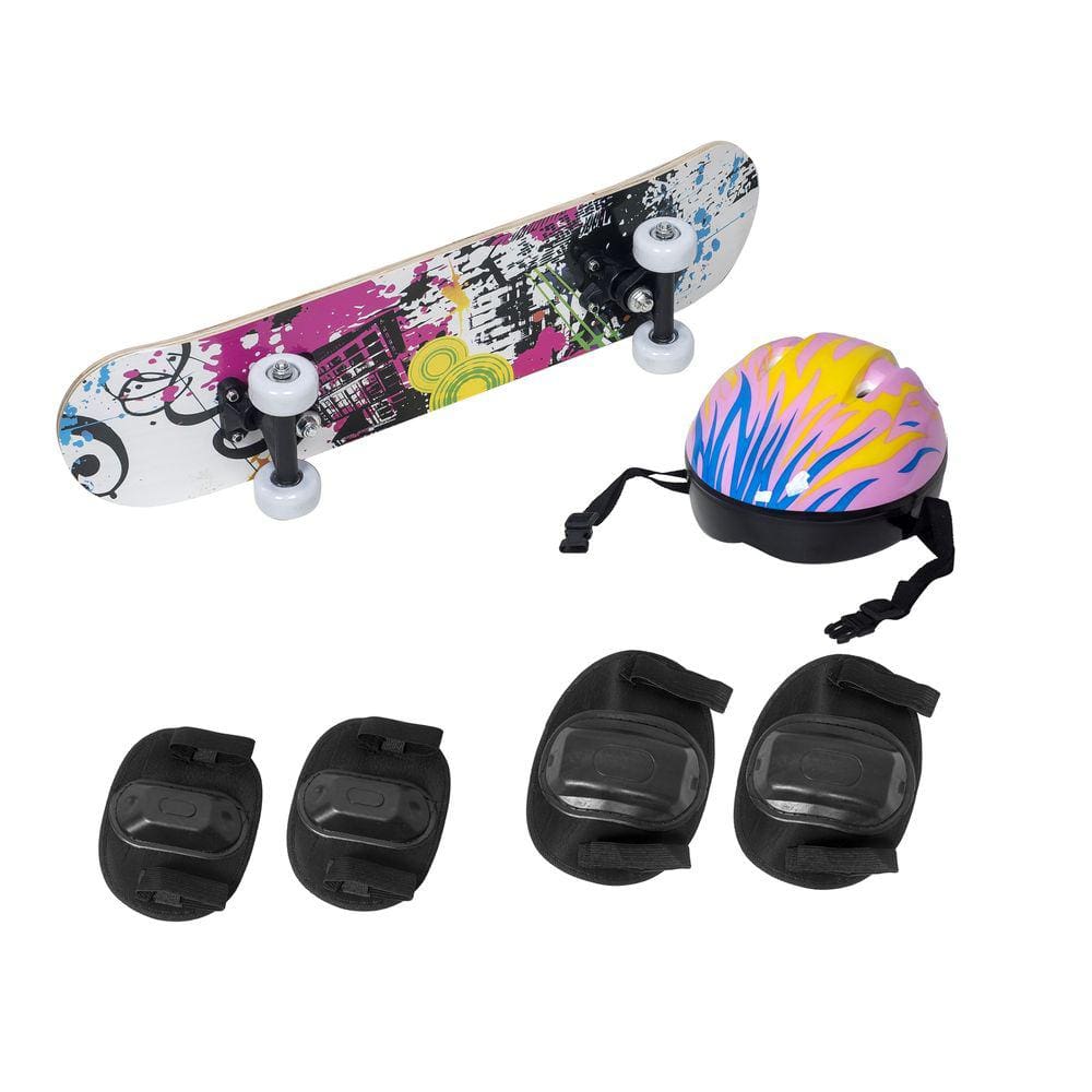 Skate Infantil Pequeno Tinta Rosa 60cm + Kit De Proteção