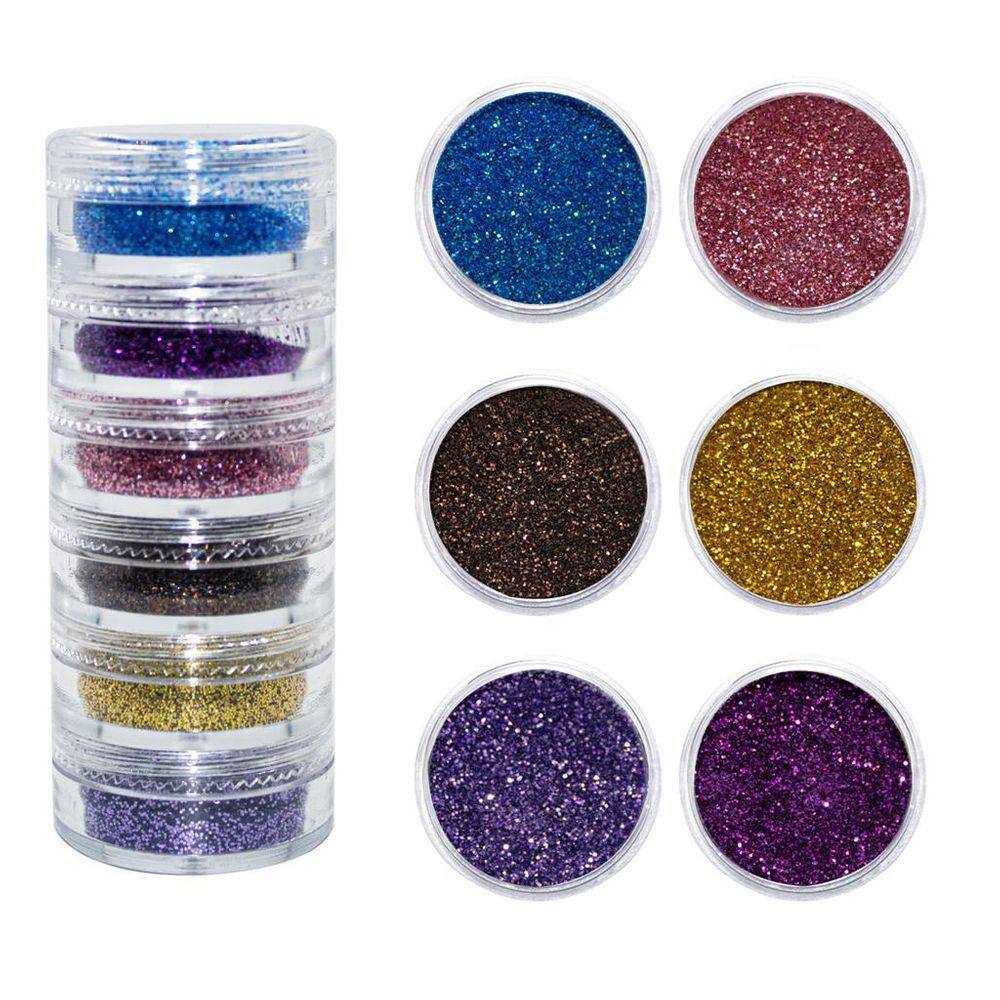 Torre com 6 Potes de Glitter Fino para Decoração de Unhas Nail Art
