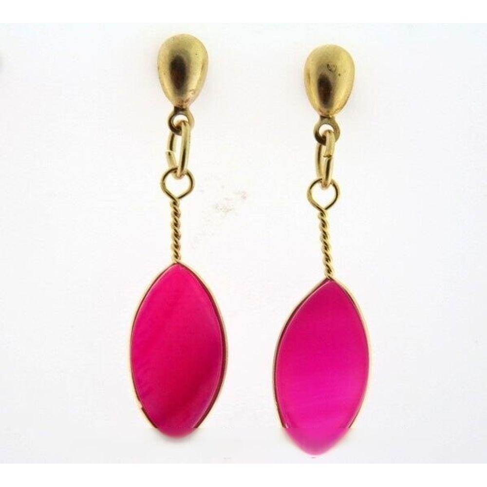 Brinco Navete Pedra Agata Rosa Acabamento Folha Dourado