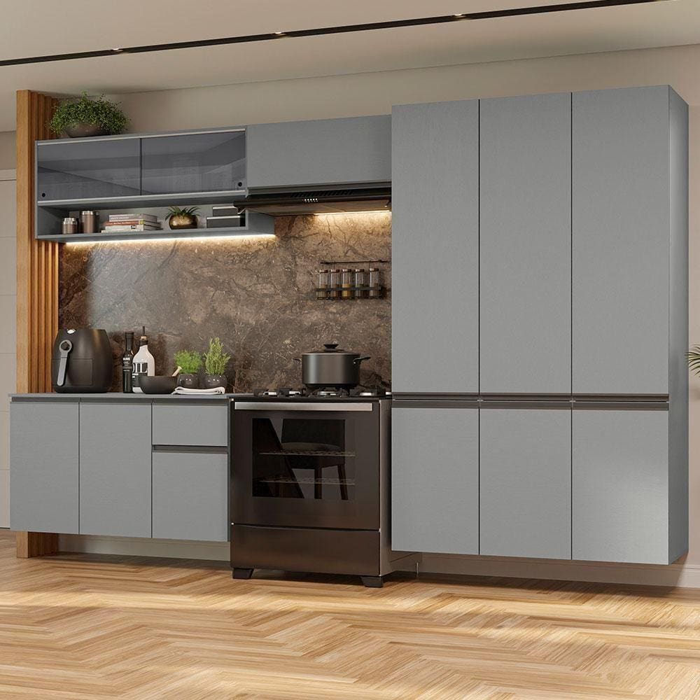 Armário De Cozinha Completa Suspenso 320Cm Cinza