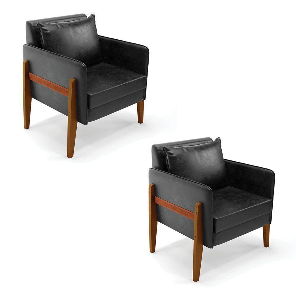Kit 02 Poltronas Lana Corano Preto Base De Madeira