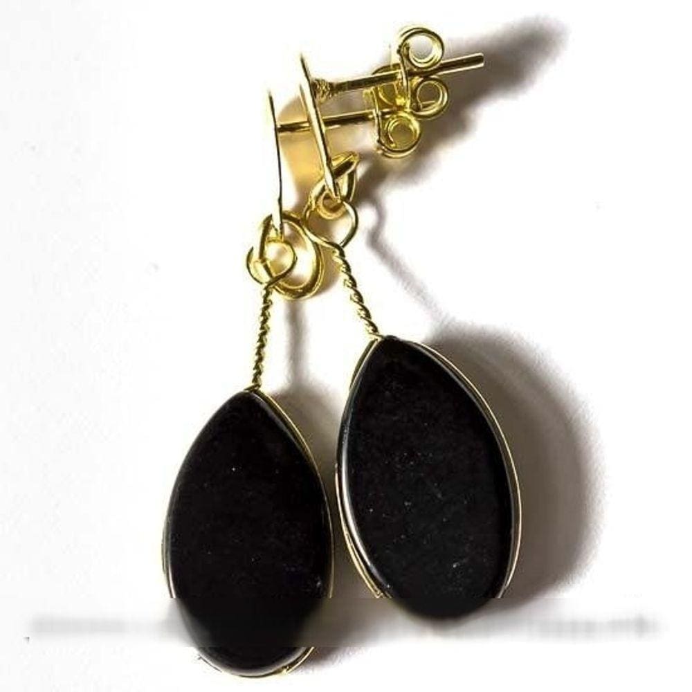 Brinco Gota Obsidiana Negra 40mm Ranhurado Banho Dourado