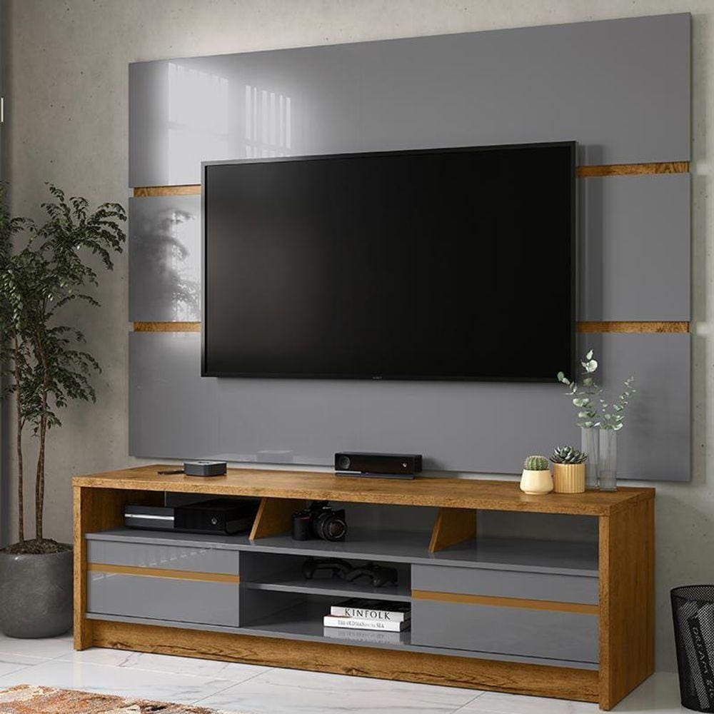 Conjunto De Painel E Rack Tv Sala 65 Polegadas Freijo/Cinza