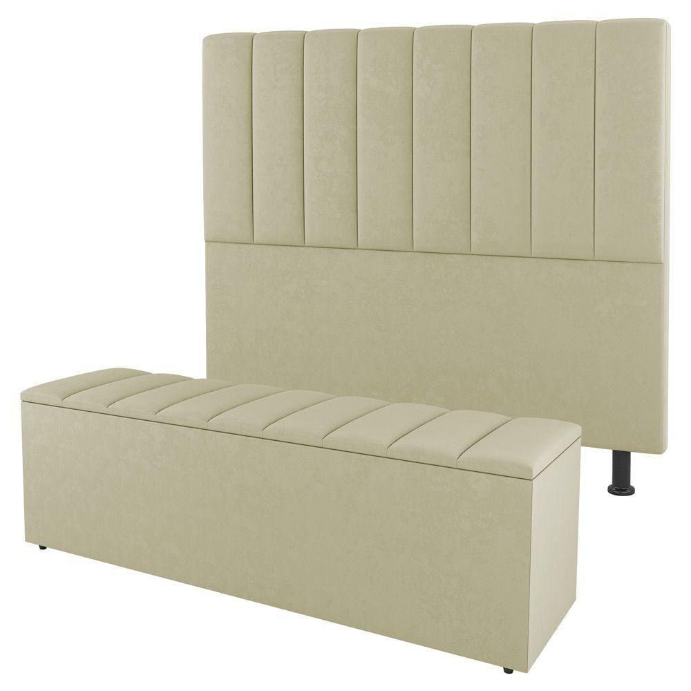 Cabeceira E Baú Cama Box Queen Cora 160cm Sintético Bege