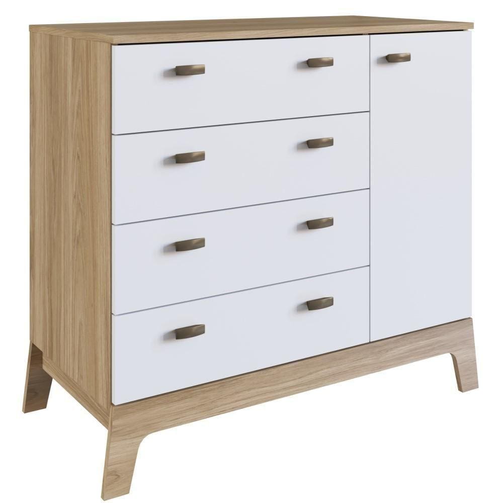 Cômoda Infantila 4 Gavetas 1 Porta Design Branco Marrom