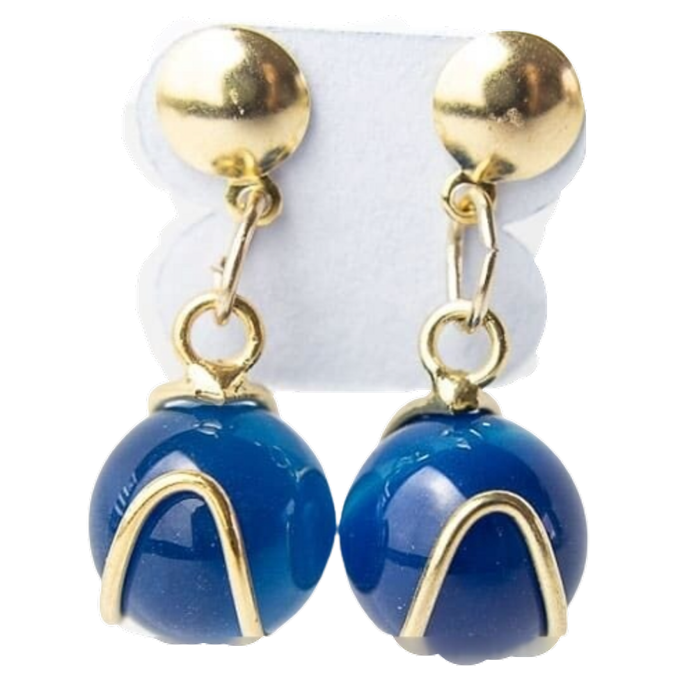 Brinco Bolinha Cesta Pedra Agata Azul Pino Banho Dourado